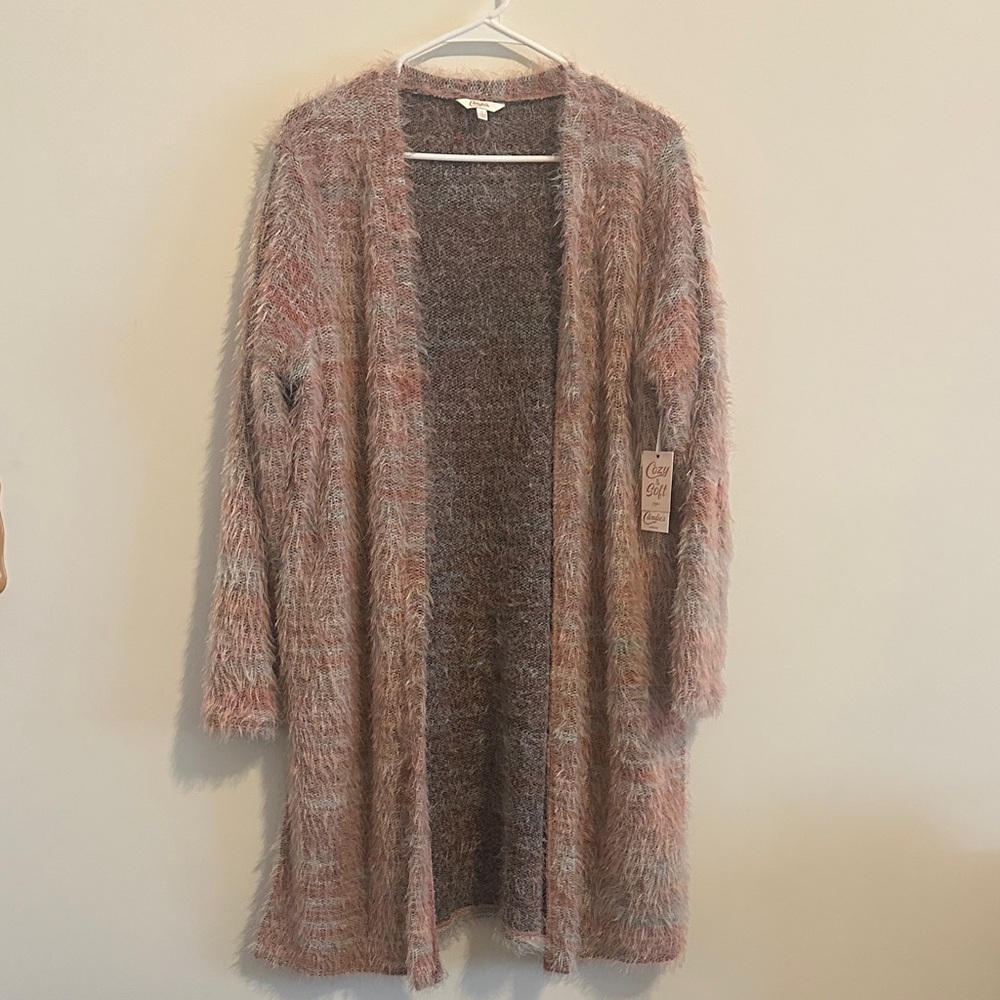 Candie's Fuzzy Open-Front Cardigan in Dusty Pink and blue